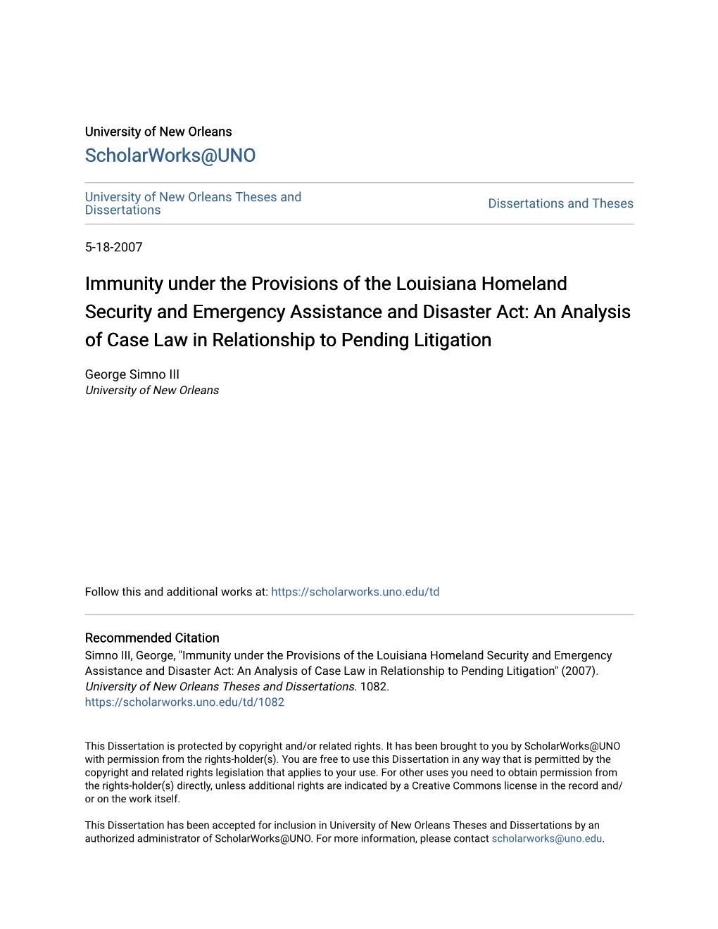 Immunity Under the Provisions of the Louisiana