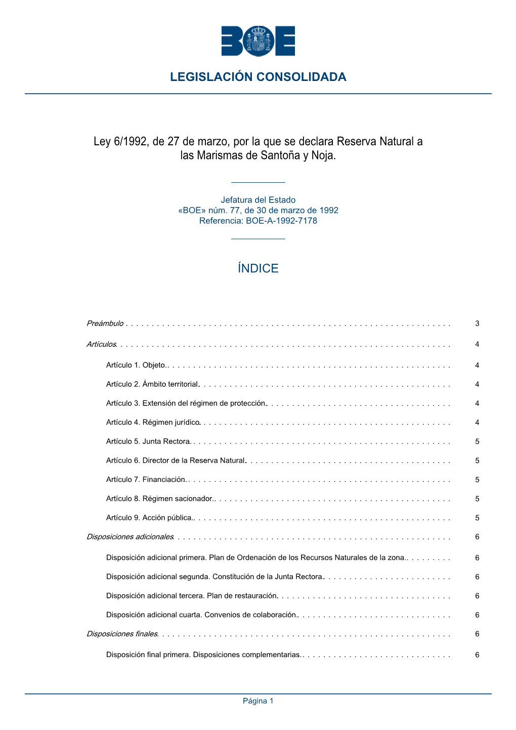 Ley 6/1992, De 27 De Marzo, Por La Que Se Declara Reserva Natural a Las Marismas De Santoña Y Noja