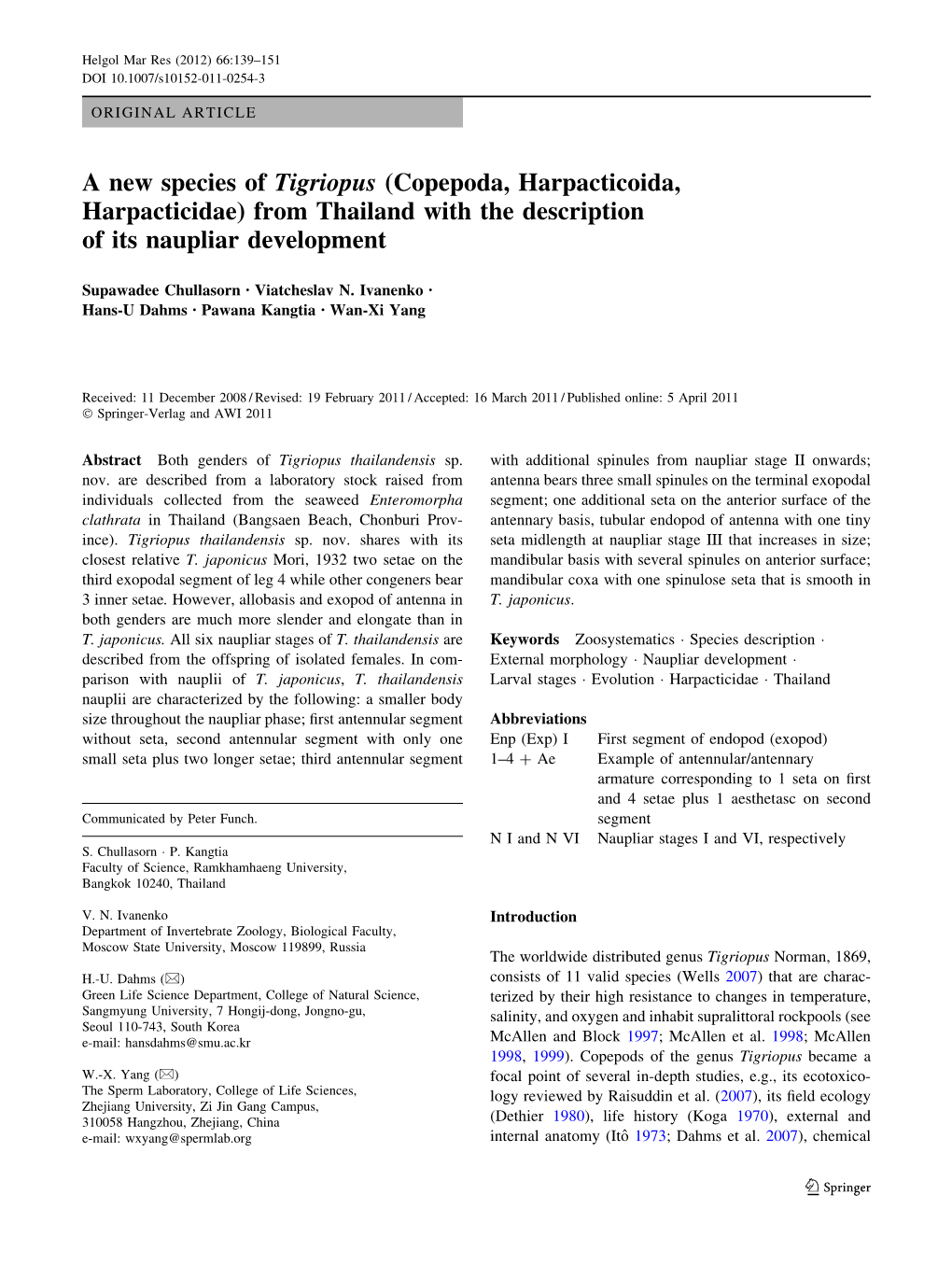 A New Species of Tigriopus (Copepoda, Harpacticoida, Harpacticidae) from Thailand with the Description of Its Naupliar Development