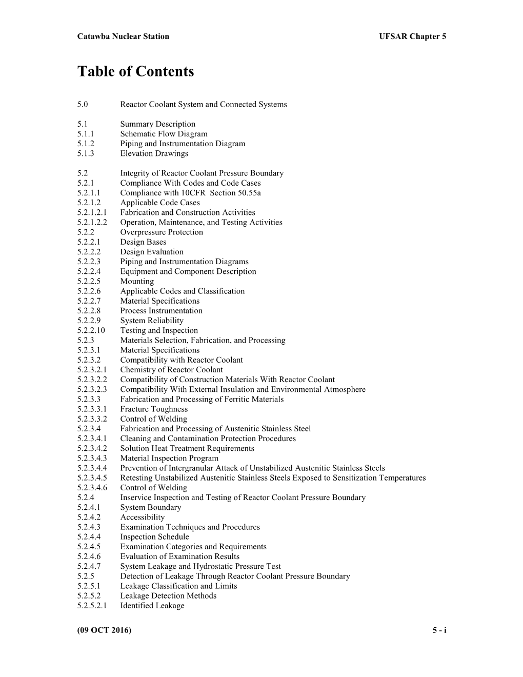 Catawba Nuclear Station, Units 1 & 2, Revision 19 to Updated Final Safety Analysis Report, Chapter 5, Reactor Coolant System