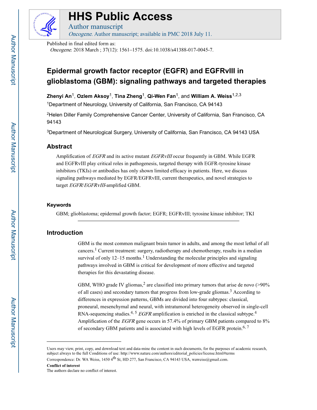 Epidermal Growth Factor Receptor (EGFR) and Egfrviii in Glioblastoma (GBM): Signaling Pathways and Targeted Therapies