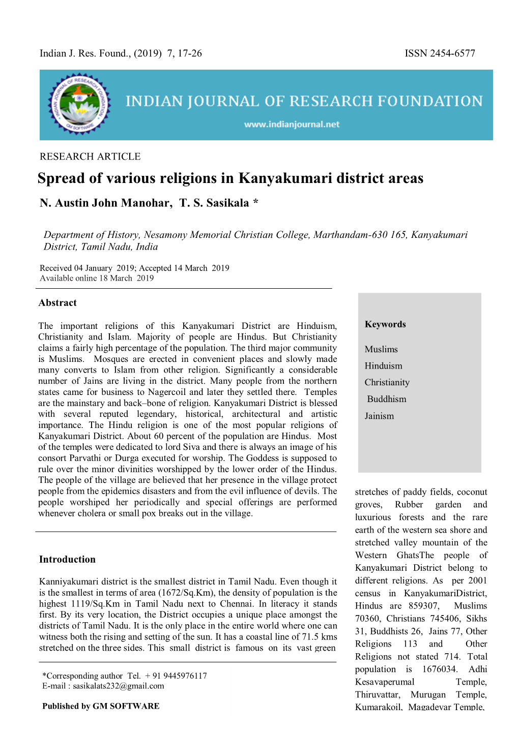 Spread of Various Religions in Kanyakumari District Areas N