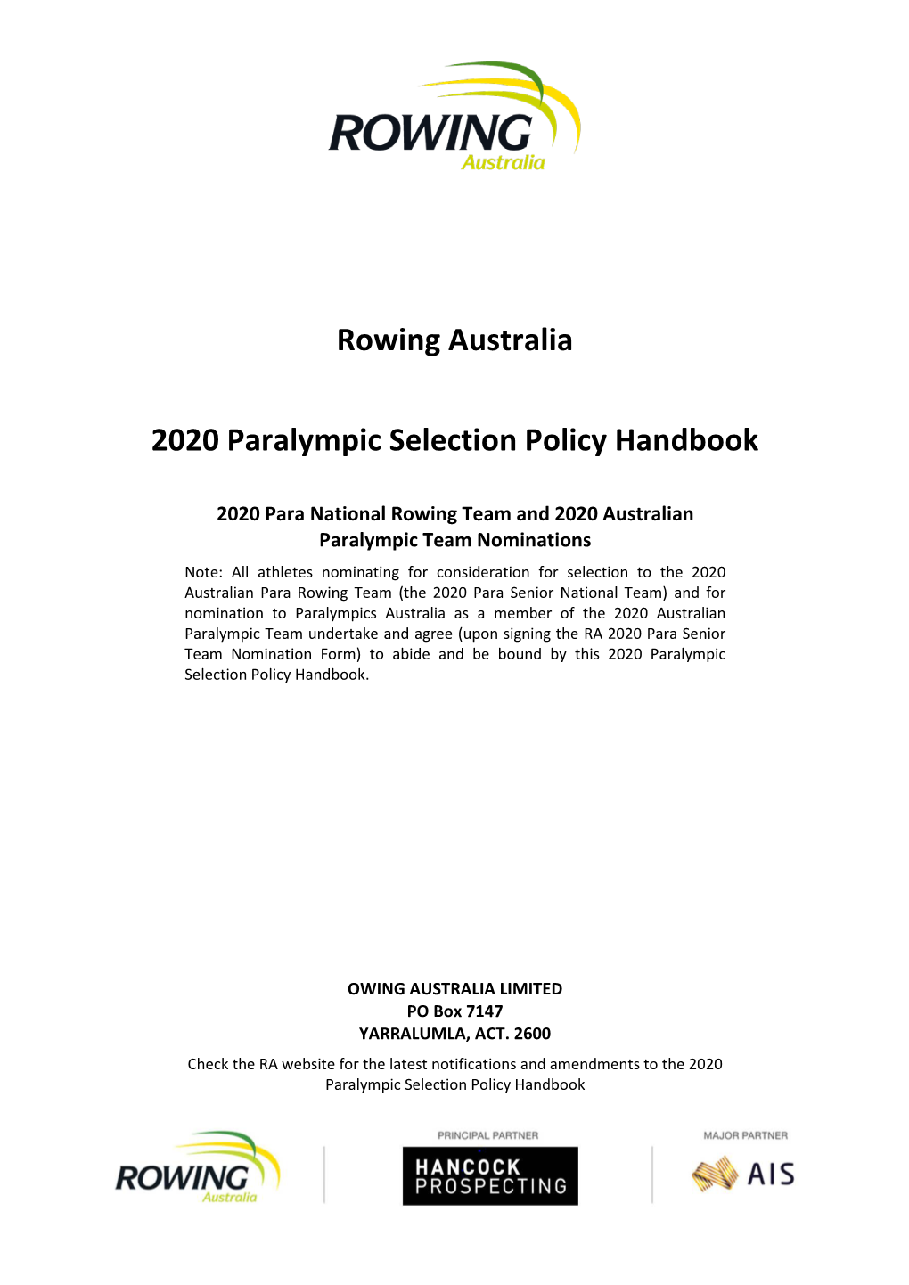 Rowing Australia 2020 Paralympic Selection Policy Handbook