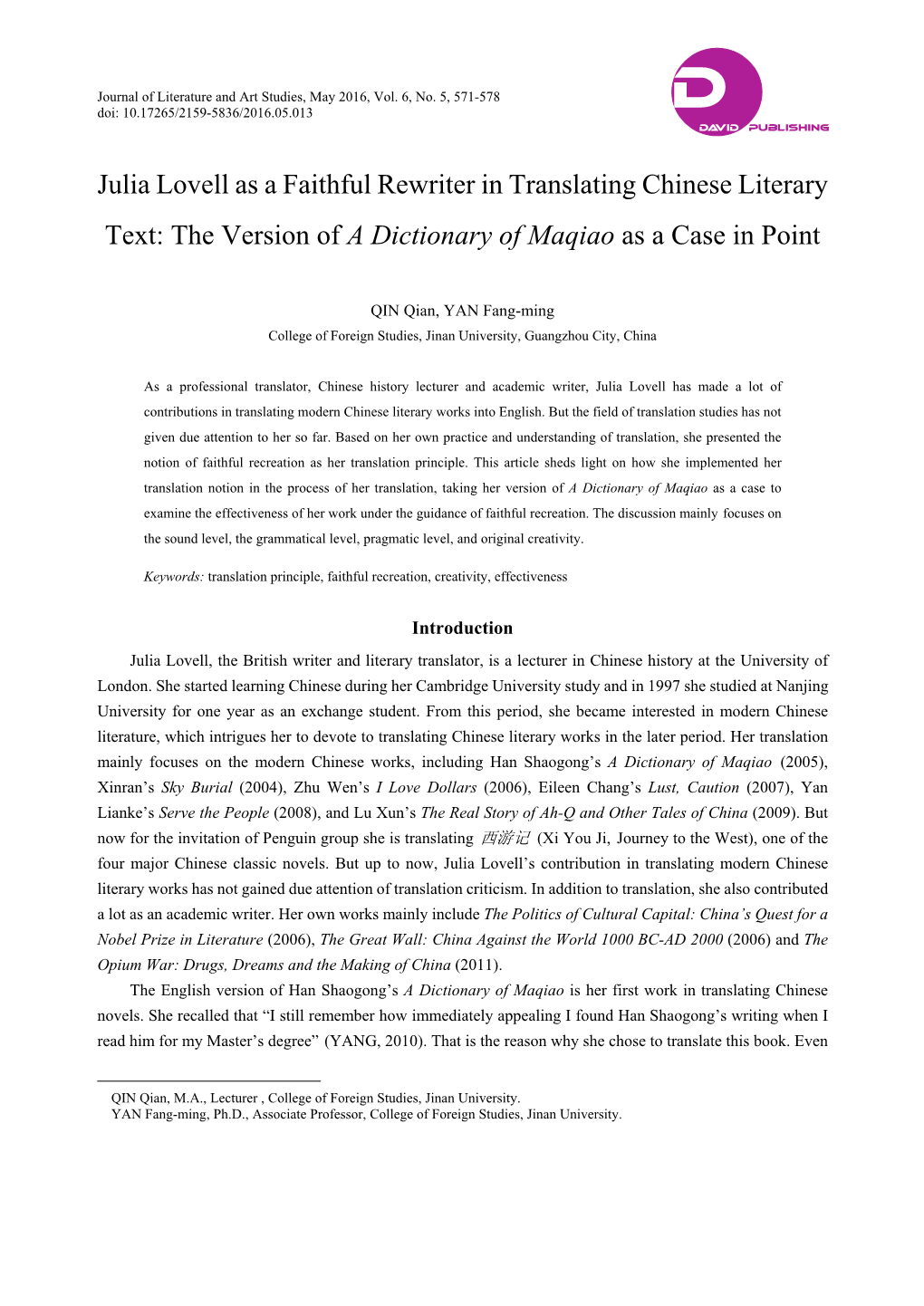 Julia Lovell As a Faithful Rewriter in Translating Chinese Literary Text: the Version of a Dictionary of Maqiao As a Case in Point