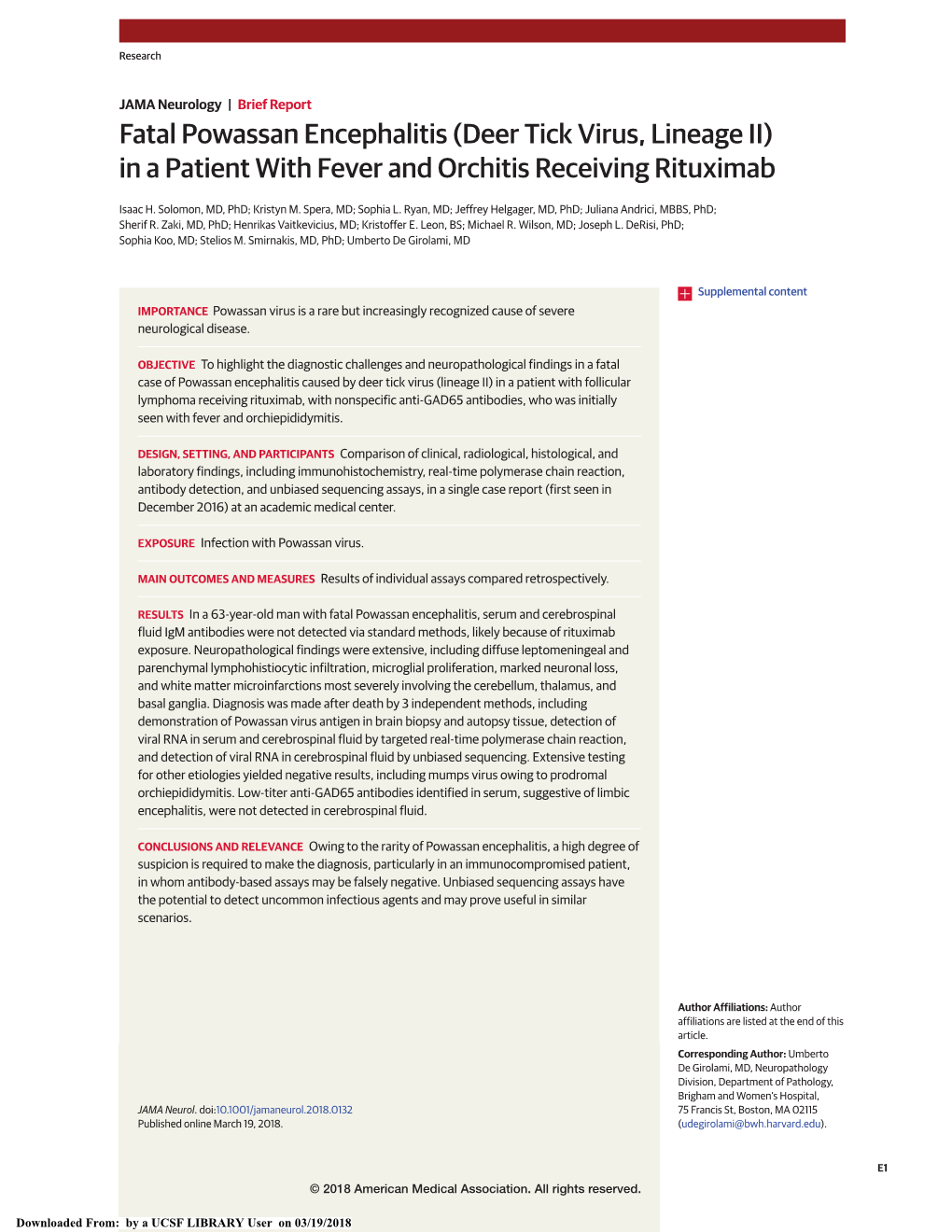 Fatal Powassan Encephalitis (Deer Tick Virus, Lineage II) in a Patient with Fever and Orchitis Receiving Rituximab