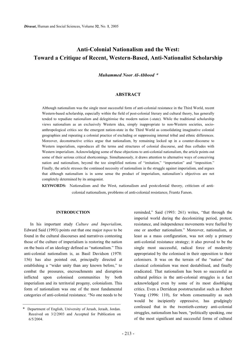 Anti-Colonial Nationalism and the West: Toward a Critique of Recent, Western-Based, Anti-Nationalist Scholarship