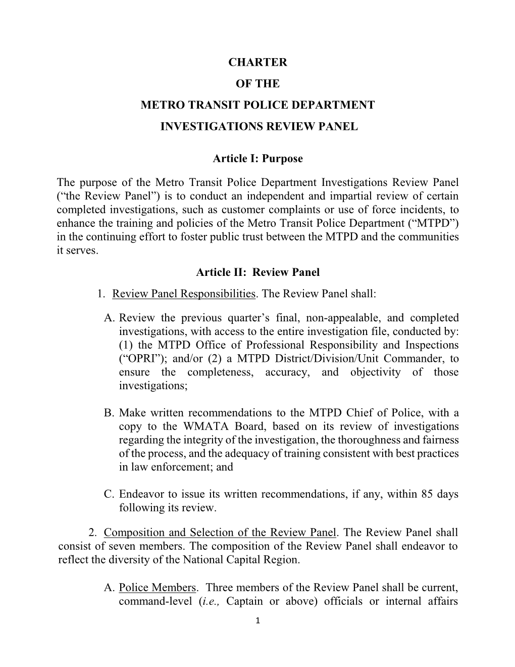 Charter of the Metro Transit Police Department