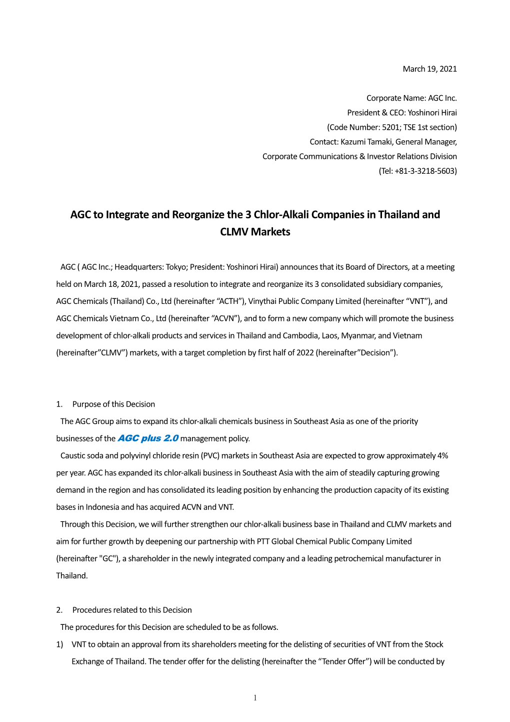 AGC to Integrate and Reorganize the 3 Chlor-Alkali Companies in Thailand and CLMV Markets