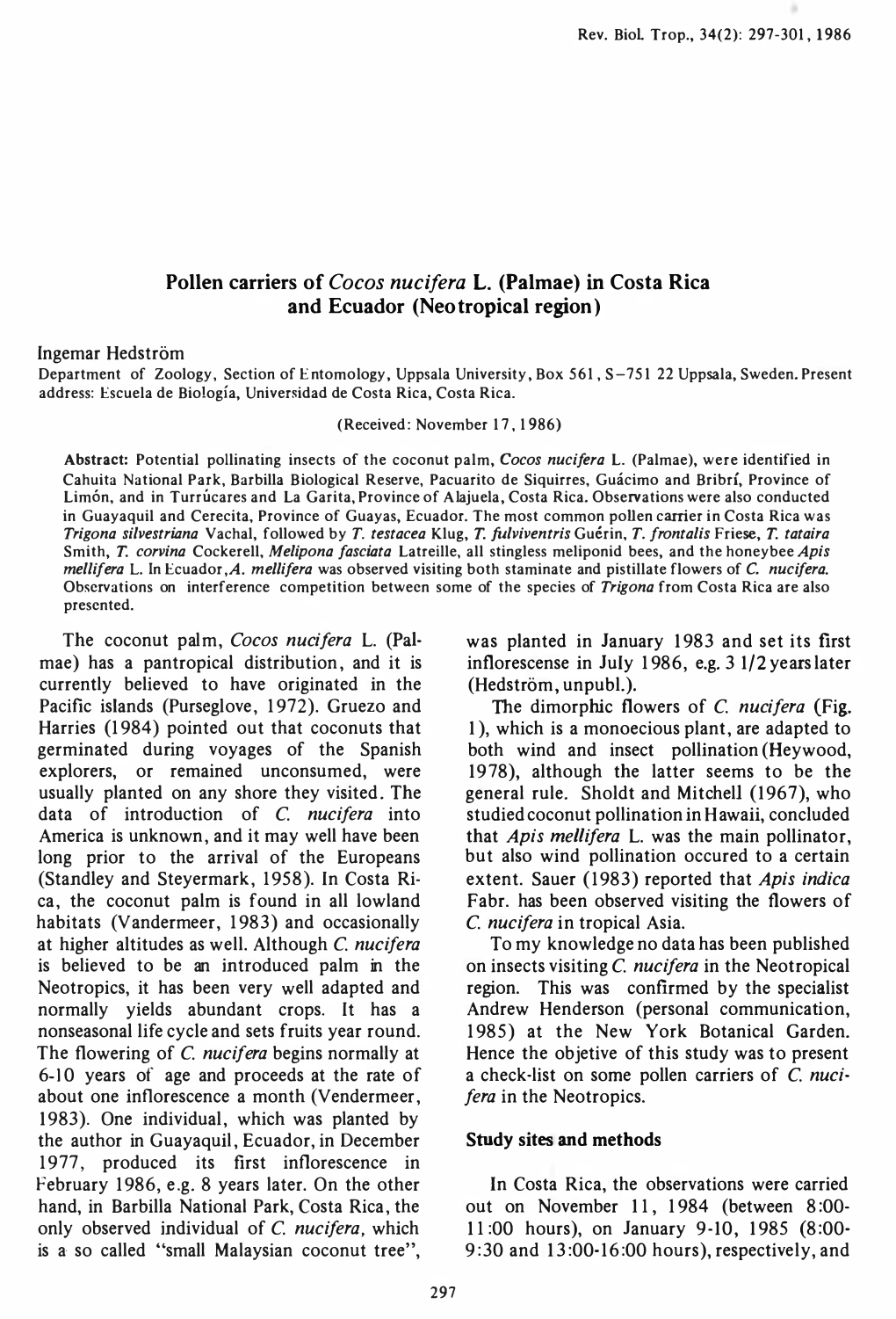 Pollen Carriers of Cocos Nucifera L. (Palmae) in Costa Rica and Ecuador