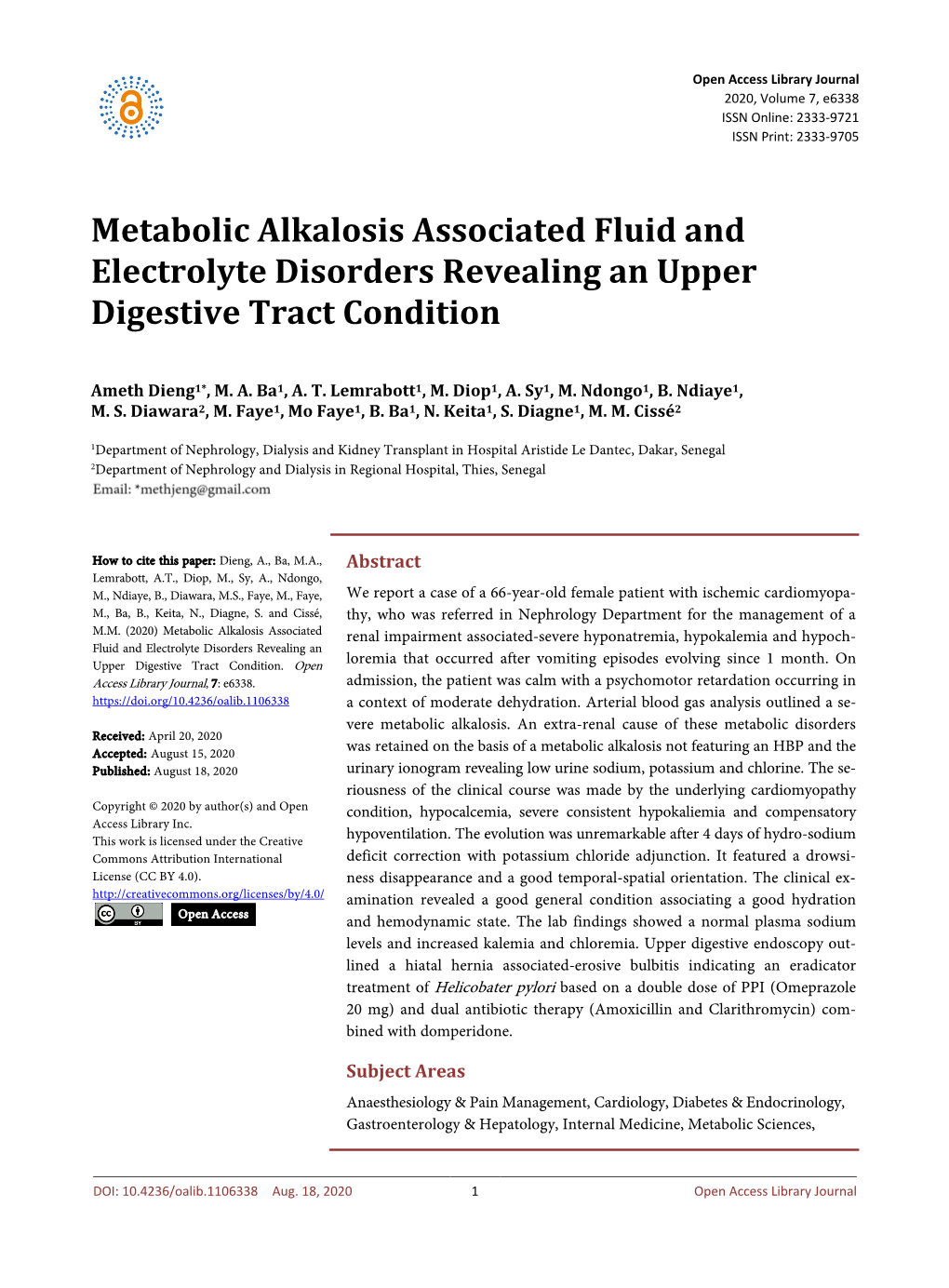 Metabolic Alkalosis Associated Fluid and Electrolyte Disorders Revealing an Upper Digestive Tract Condition