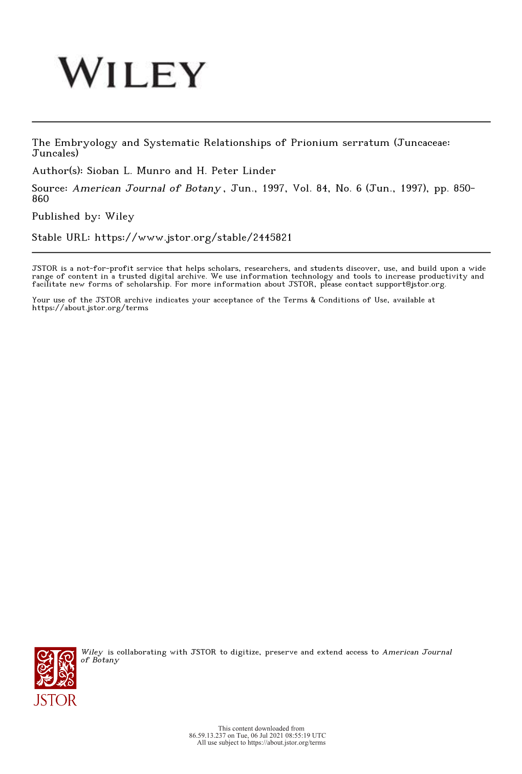 The Embryology and Systematic Relationships of Prionium Serratum (Juncaceae: Juncales) Author(S): Sioban L