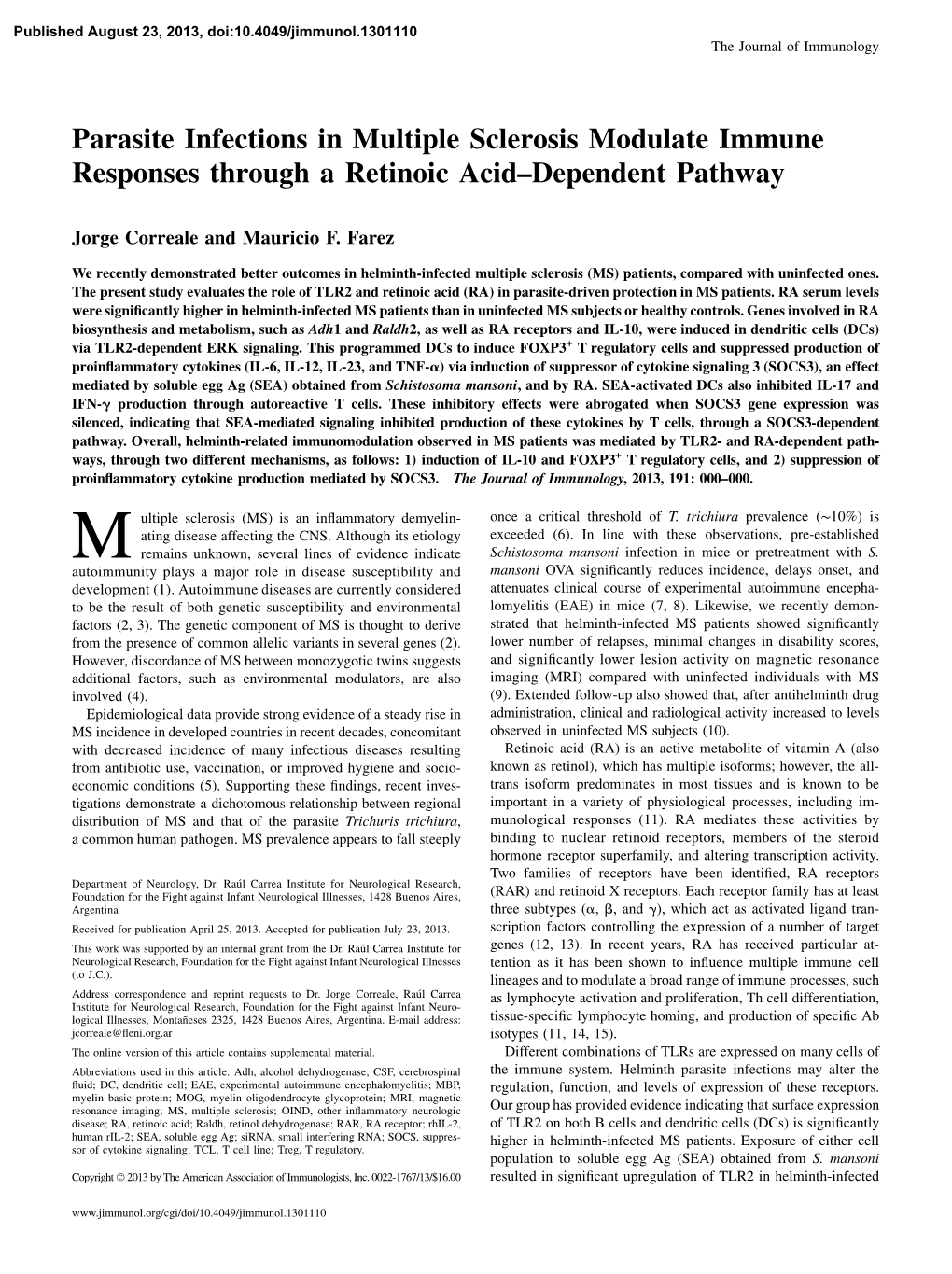 Retinoic Acid Modulate Immune Responses Through a Parasite