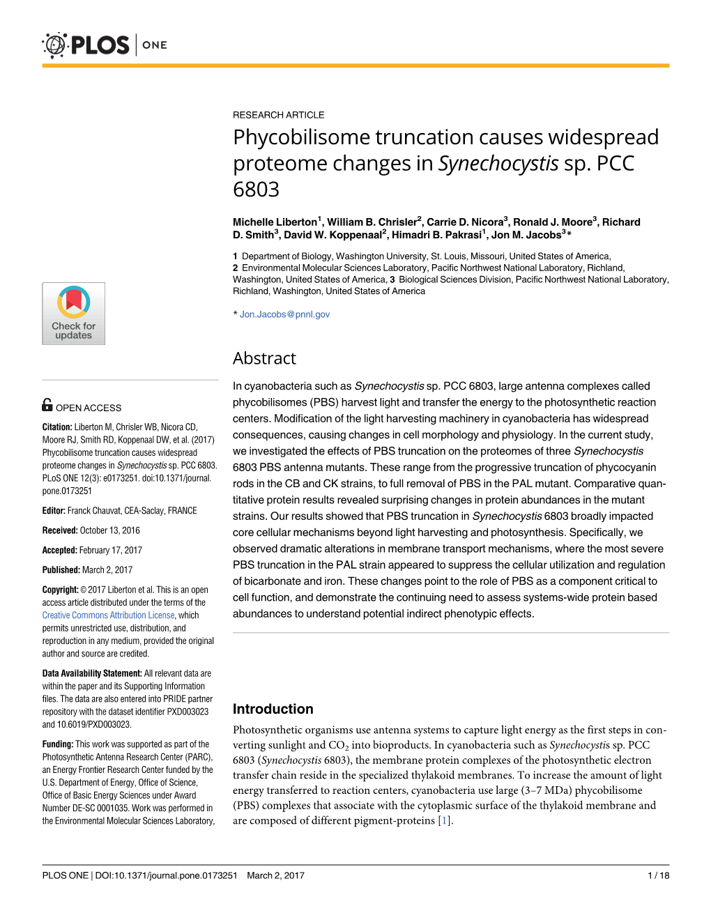 Phycobilisome Truncation Causes Widespread Proteome Changes in Synechocystis Sp