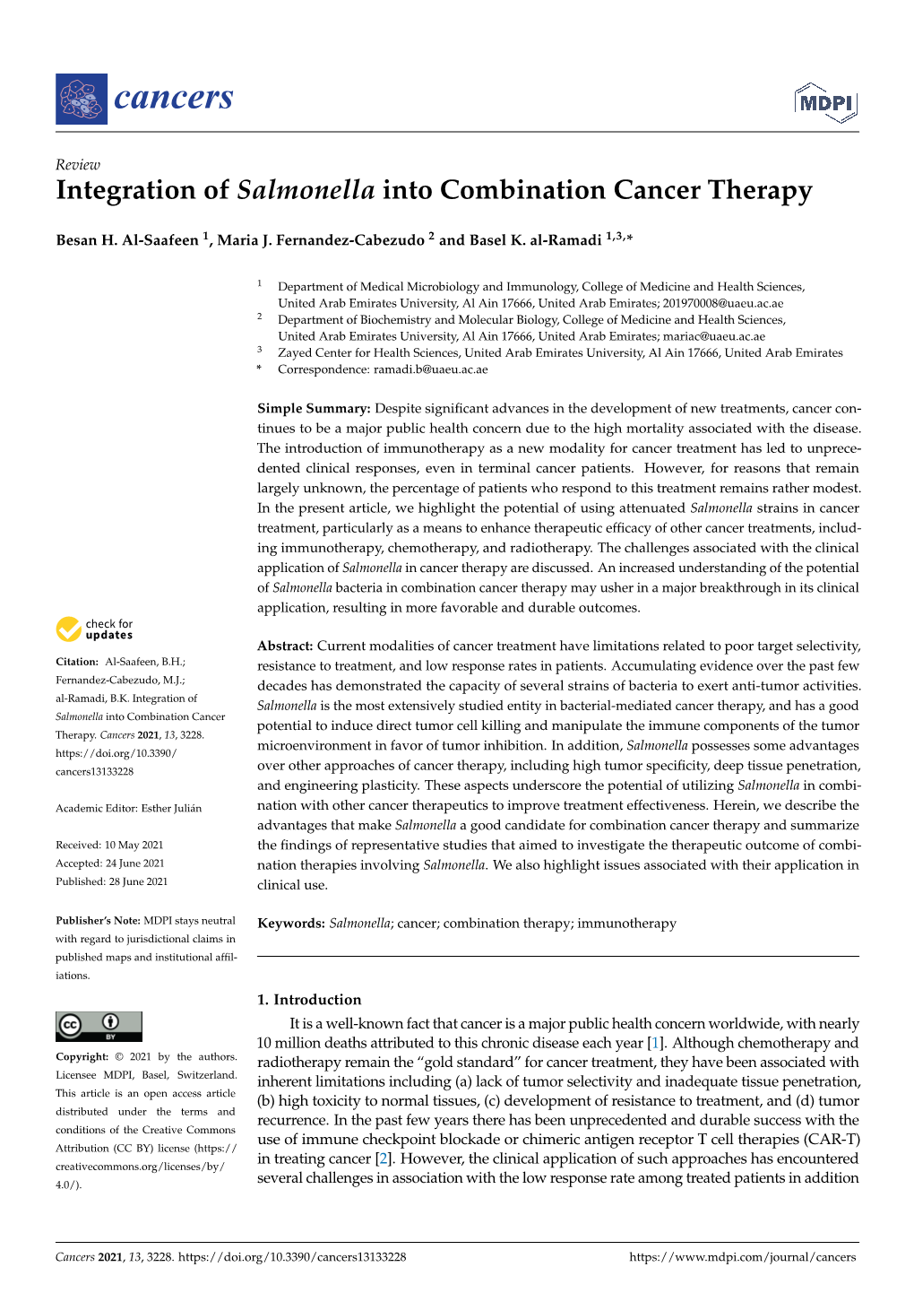 Integration of Salmonella Into Combination Cancer Therapy