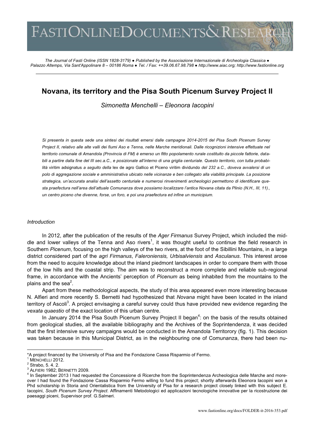 Novana, Its Territory and the Pisa South Picenum Survey Project II