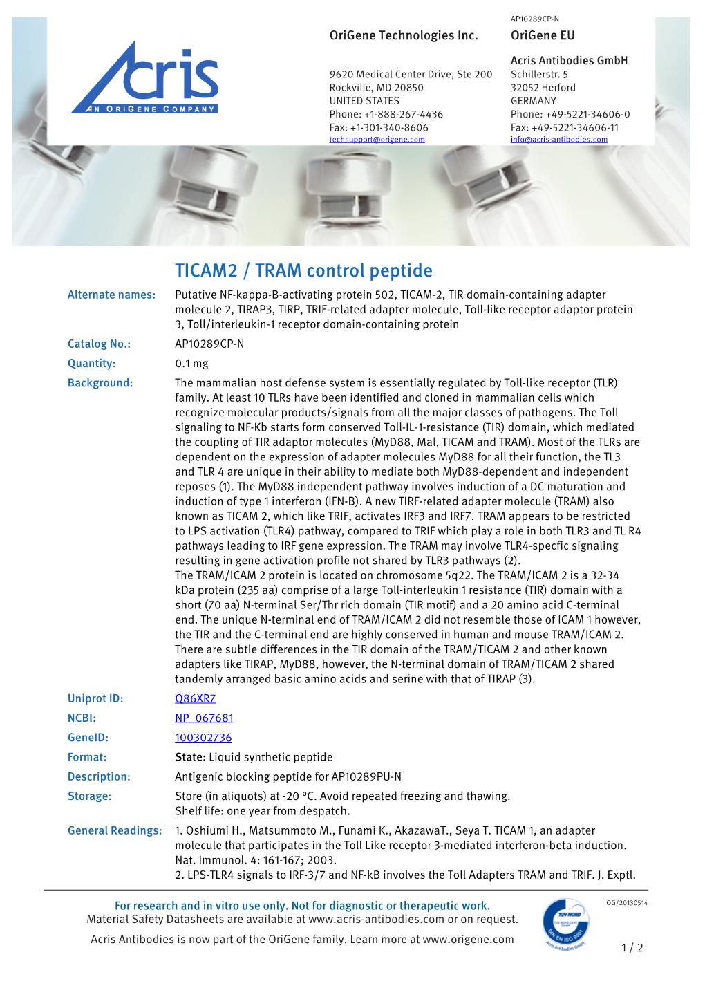 TICAM2 / TRAM Control Peptide