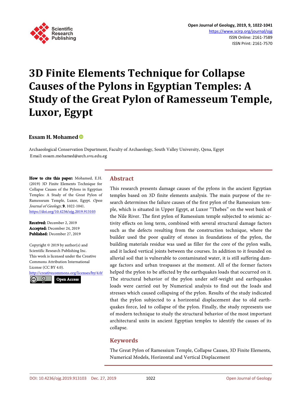 3D Finite Elements Technique for Collapse Causes of the Pylons in Egyptian Temples: a Study of the Great Pylon of Ramesseum Temple, Luxor, Egypt