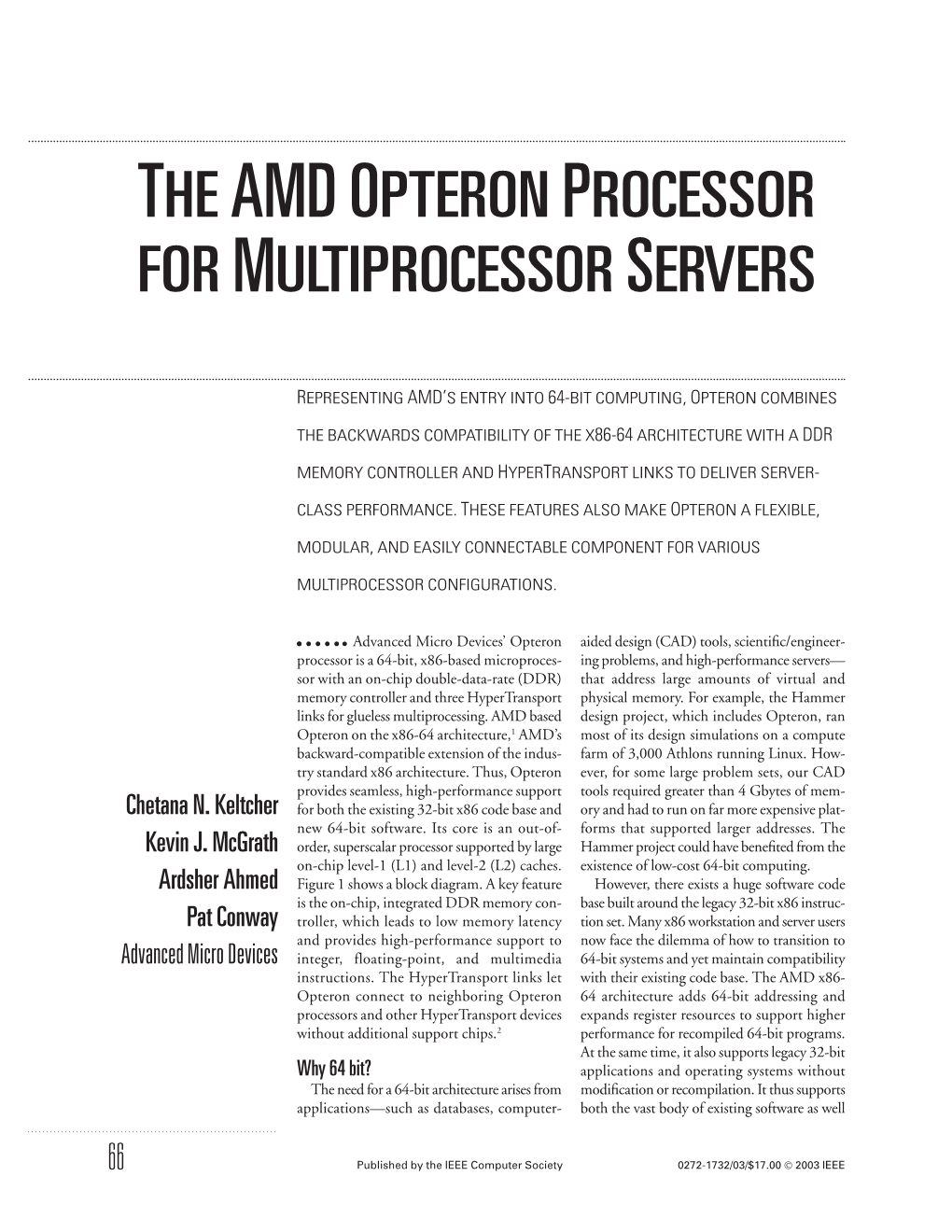 The Amd Opteron Processor for Multiprocessor Servers