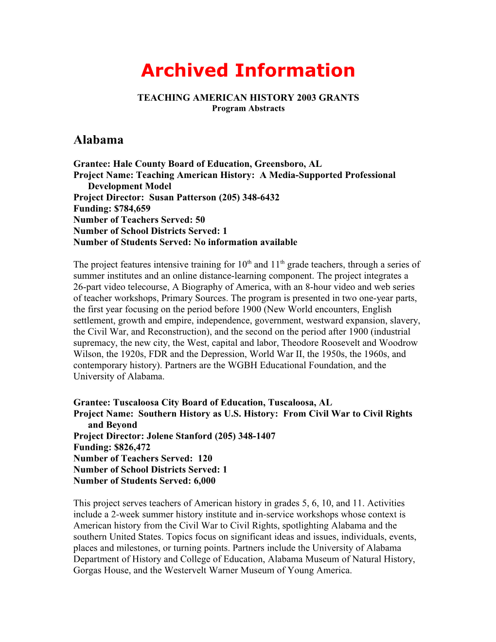 Archived Information: Abstracts of Funded Projects for Teaching American History 2003 Grants