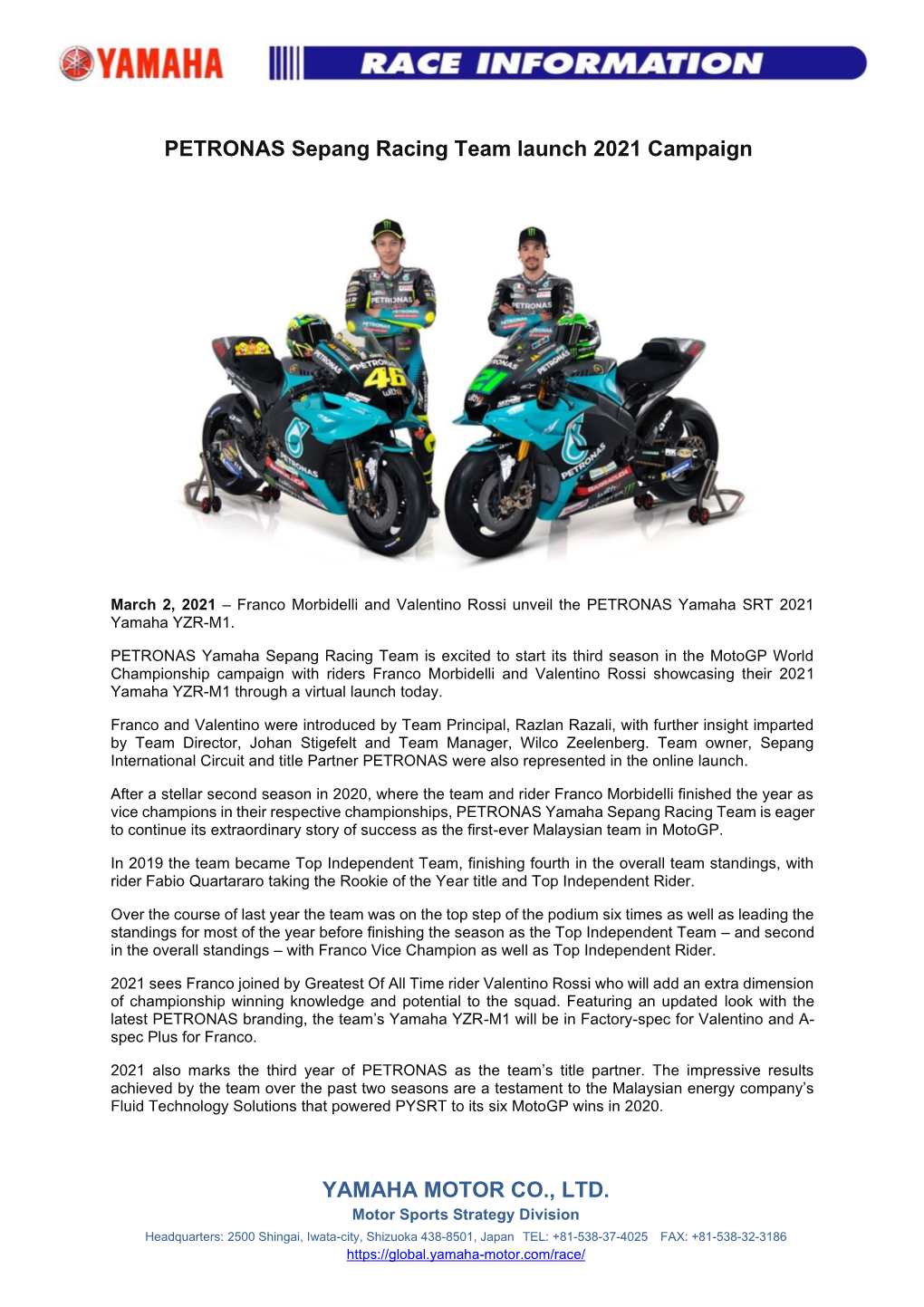 PETRONAS Sepang Racing Team Launch 2021 Campaign YAMAHA