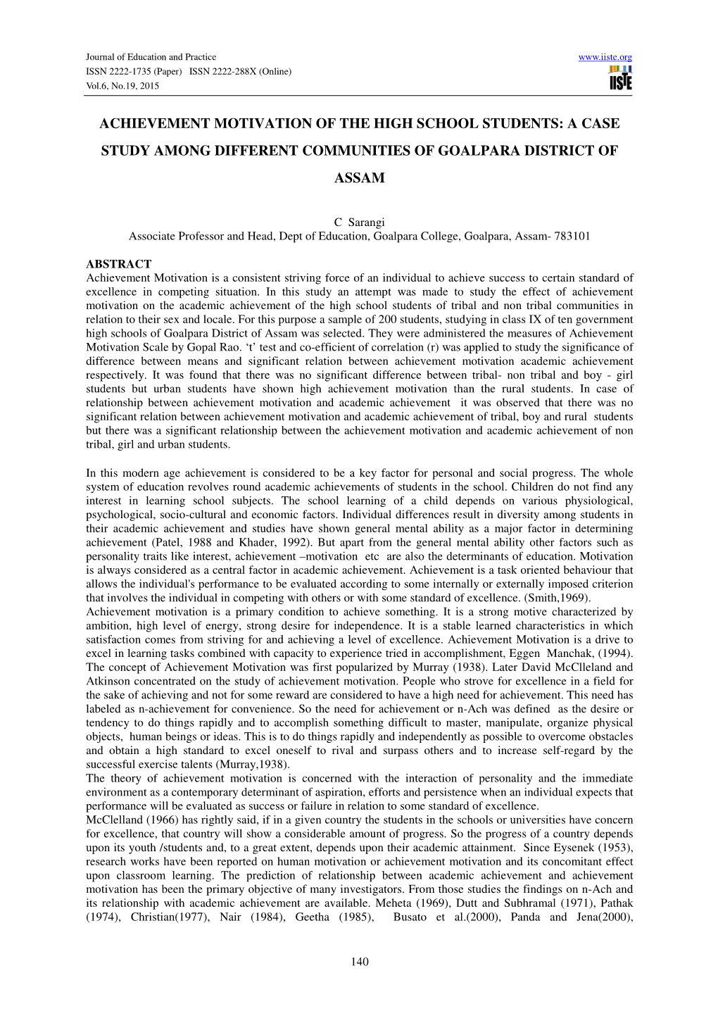 Achievement Motivation of the High School Students: a Case Study Among Different Communities of Goalpara District of Assam