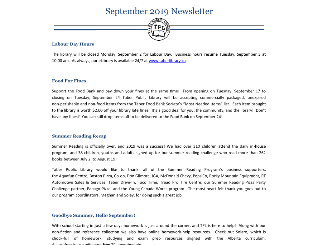 Taber Public Library September 2019 Newsletter