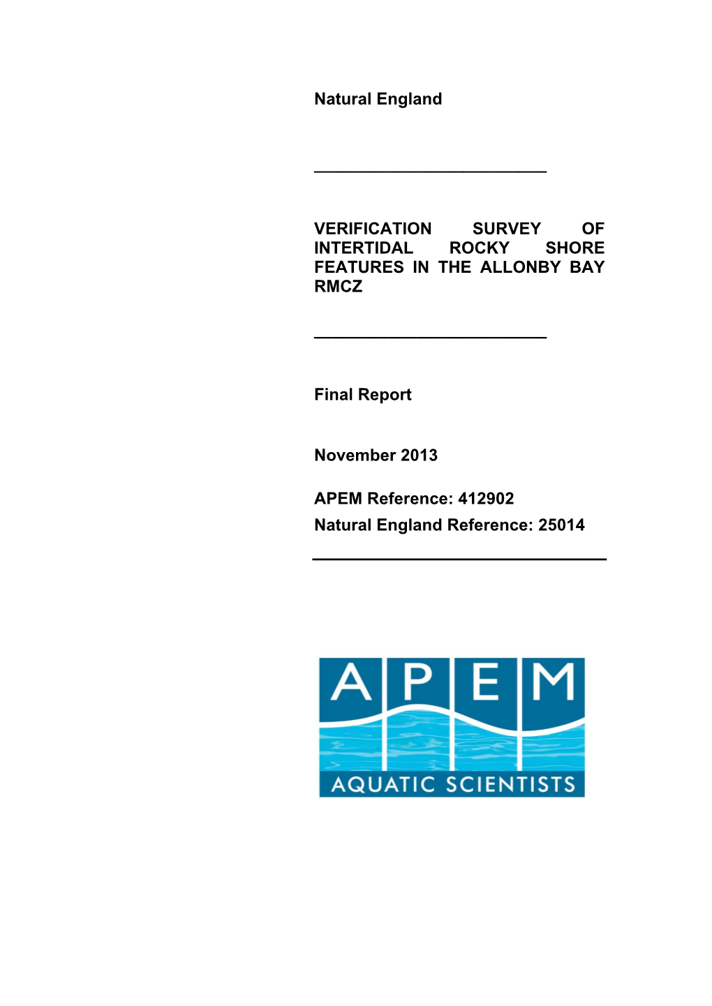 Verification Survey of Intertidal Rocky Shore Features in the Allonby Bay Rmcz