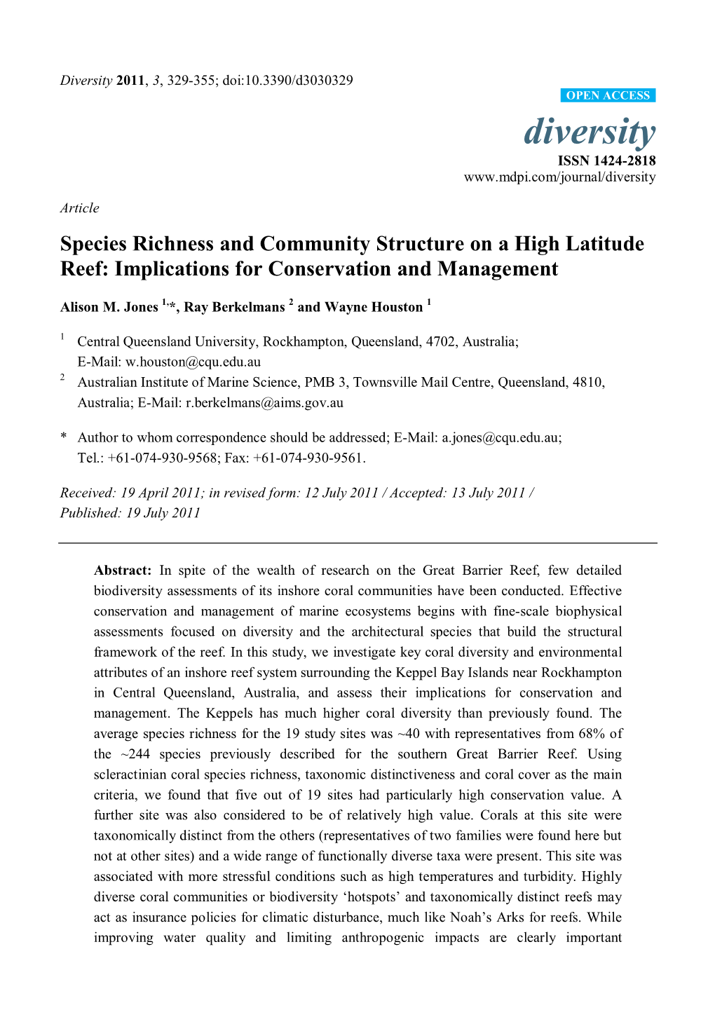 Species Richness and Community Structure on a High Latitude Reef: Implications for Conservation and Management