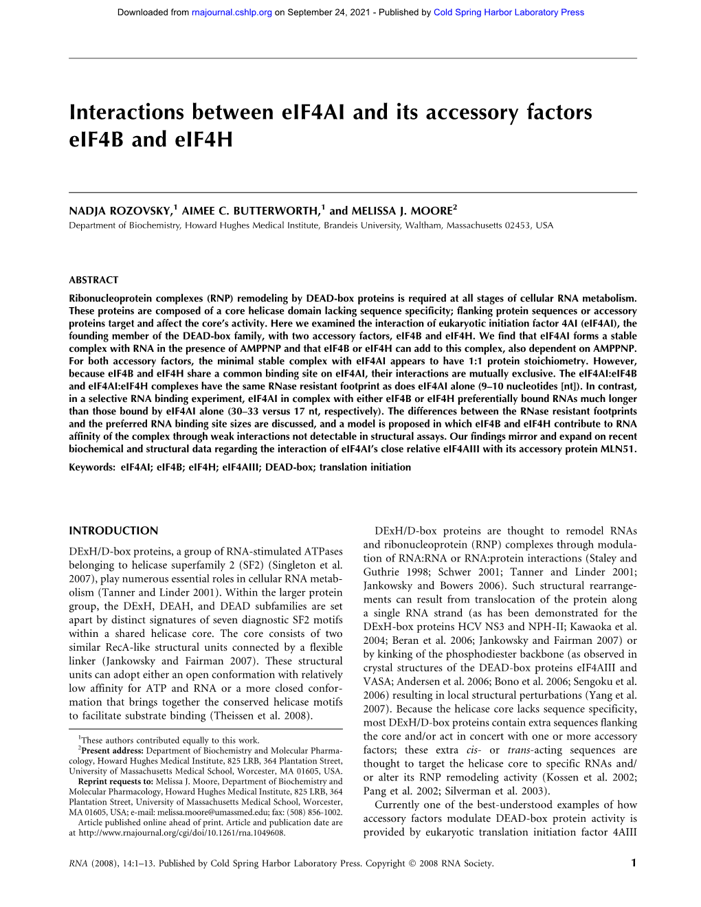 Interactions Between Eif4ai and Its Accessory Factors Eif4b and Eif4h