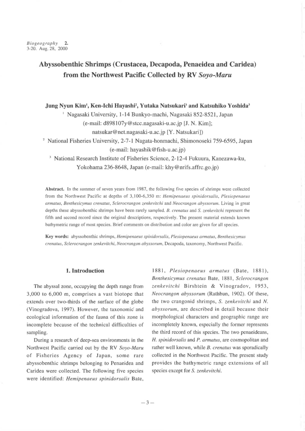 Abyssobenthic Shrimps (Crustacea, Decapoda, Penaeidea and Caridea) from the Northwest Pacific Collected by RV Soyo-Maru