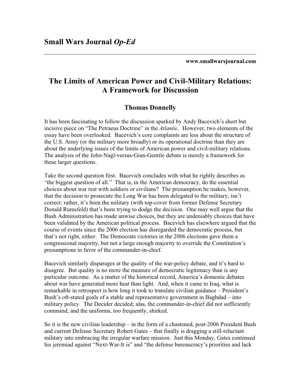 Small Wars Journal Op-Ed the Limits of American Power and Civil