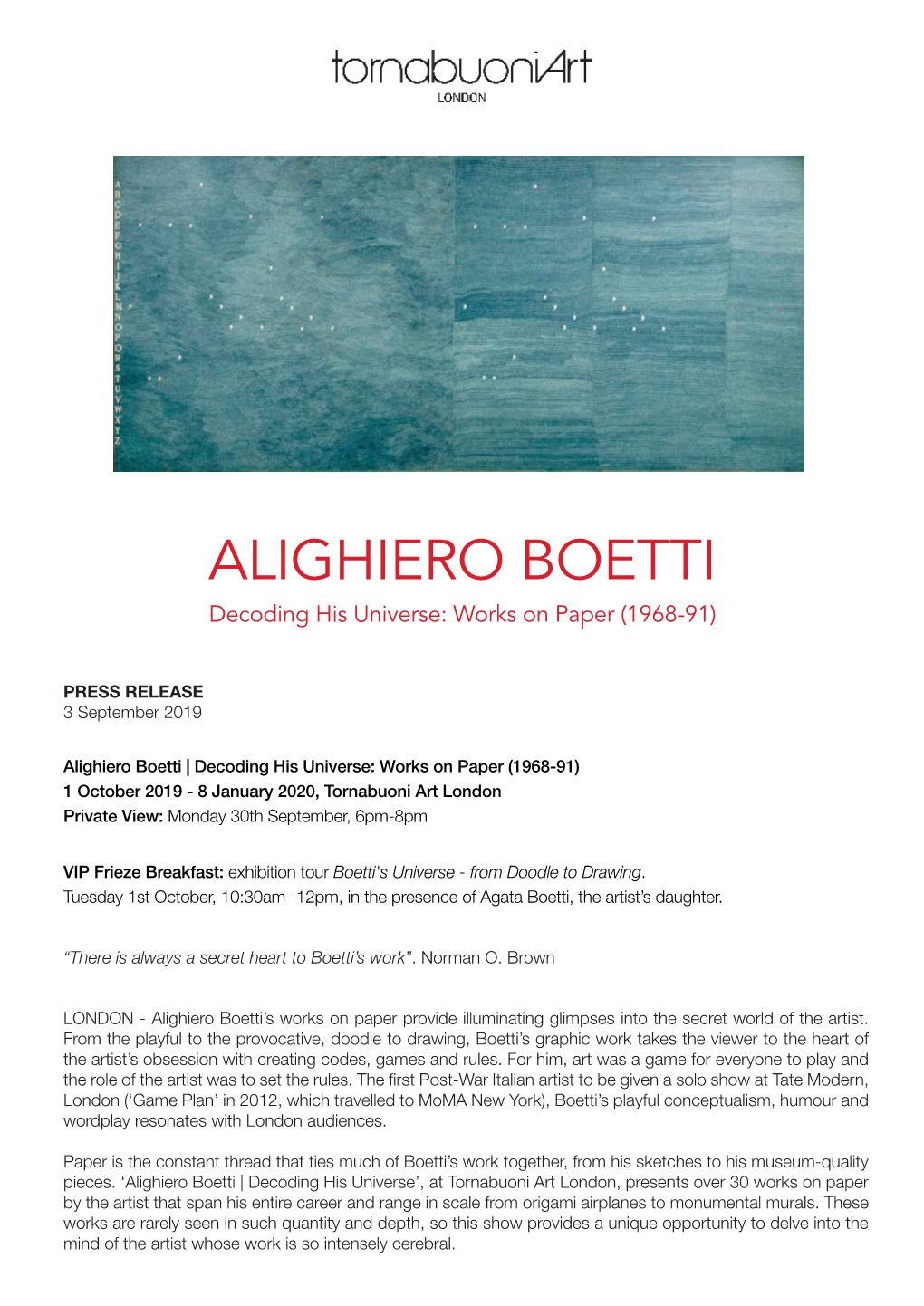 ALIGHIERO BOETTI Decoding His Universe: Works on Paper (1968-91)