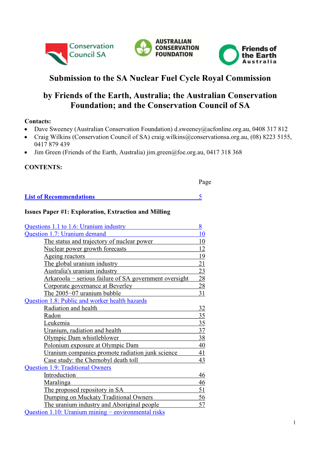 Submission to the SA Nuclear Fuel Cycle Royal Commission by Friends of the Earth, Australia; the Australian Conservation Foundat