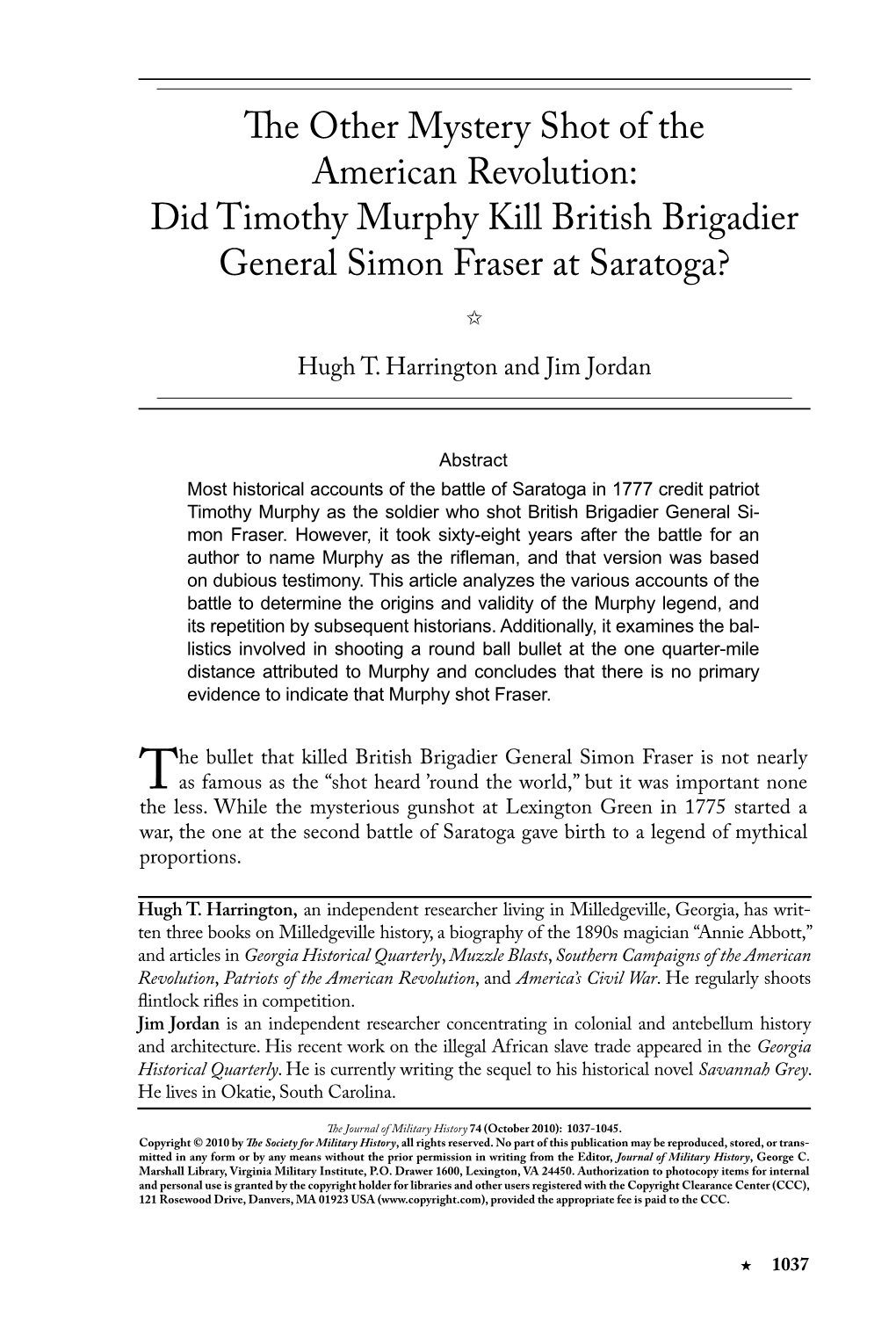 The Other Mystery Shot of the American Revolution: Did Timothy Murphy Kill British Brigadier General Simon Fraser at Saratoga? I