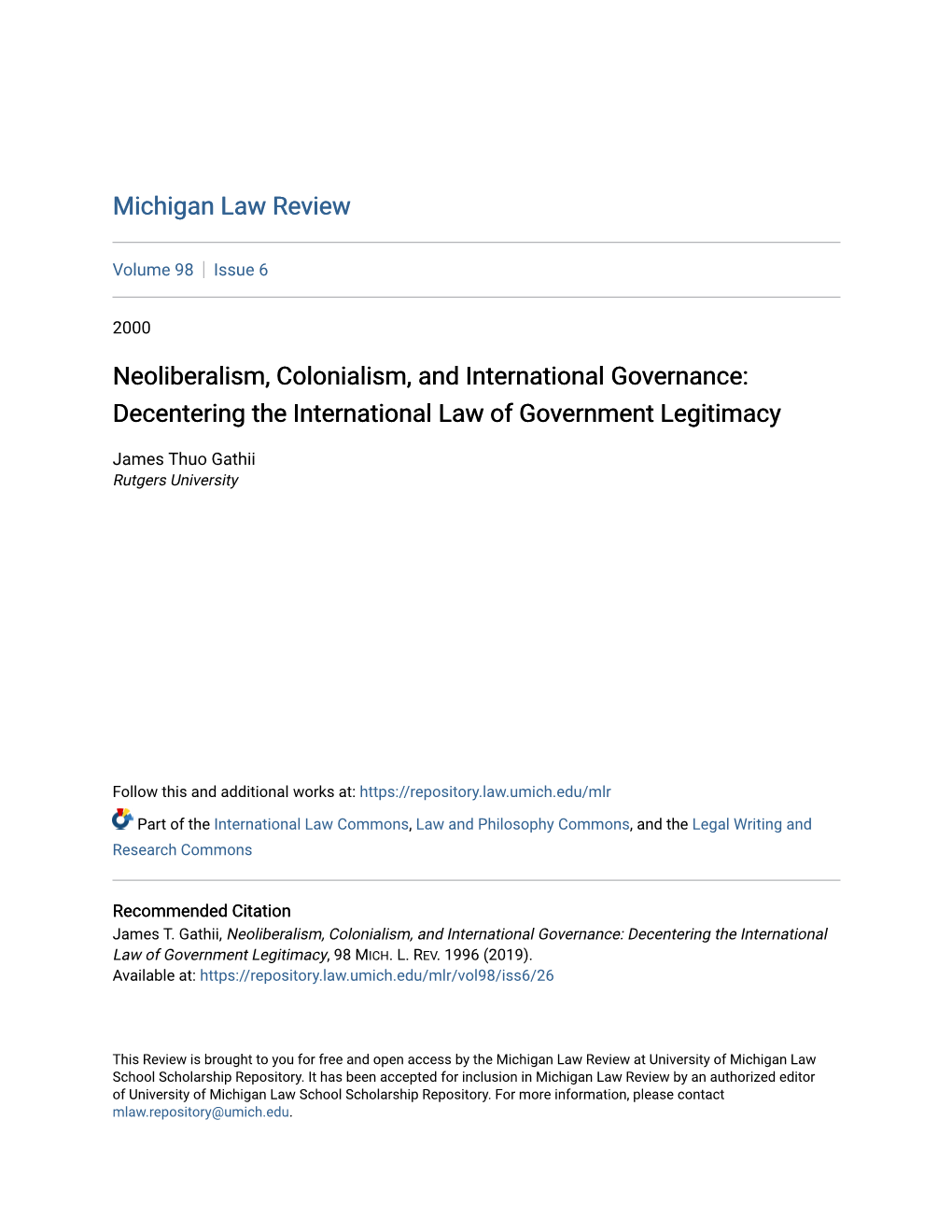 Neoliberalism, Colonialism, and International Governance: Decentering the International Law of Government Legitimacy