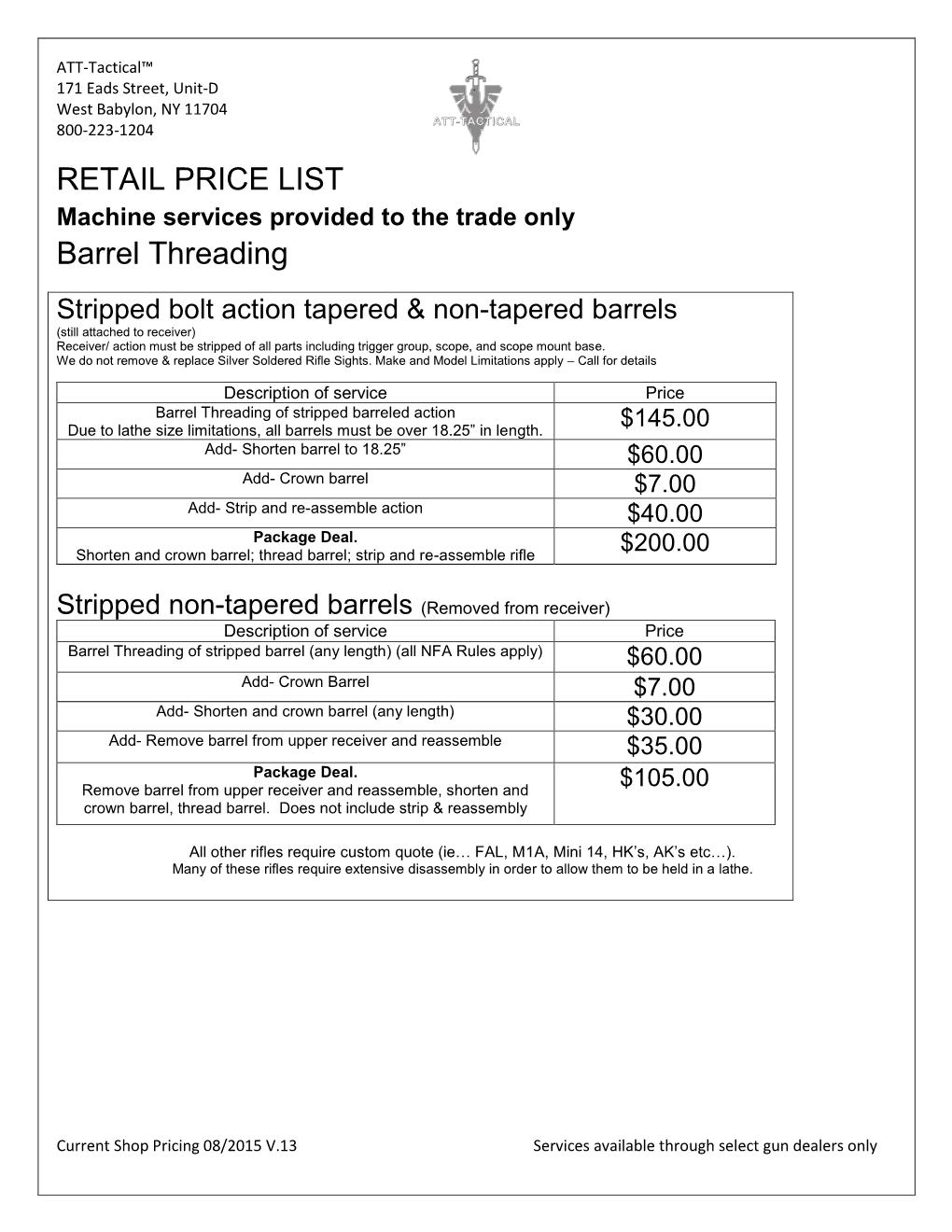 RETAIL PRICE LIST Barrel Threading