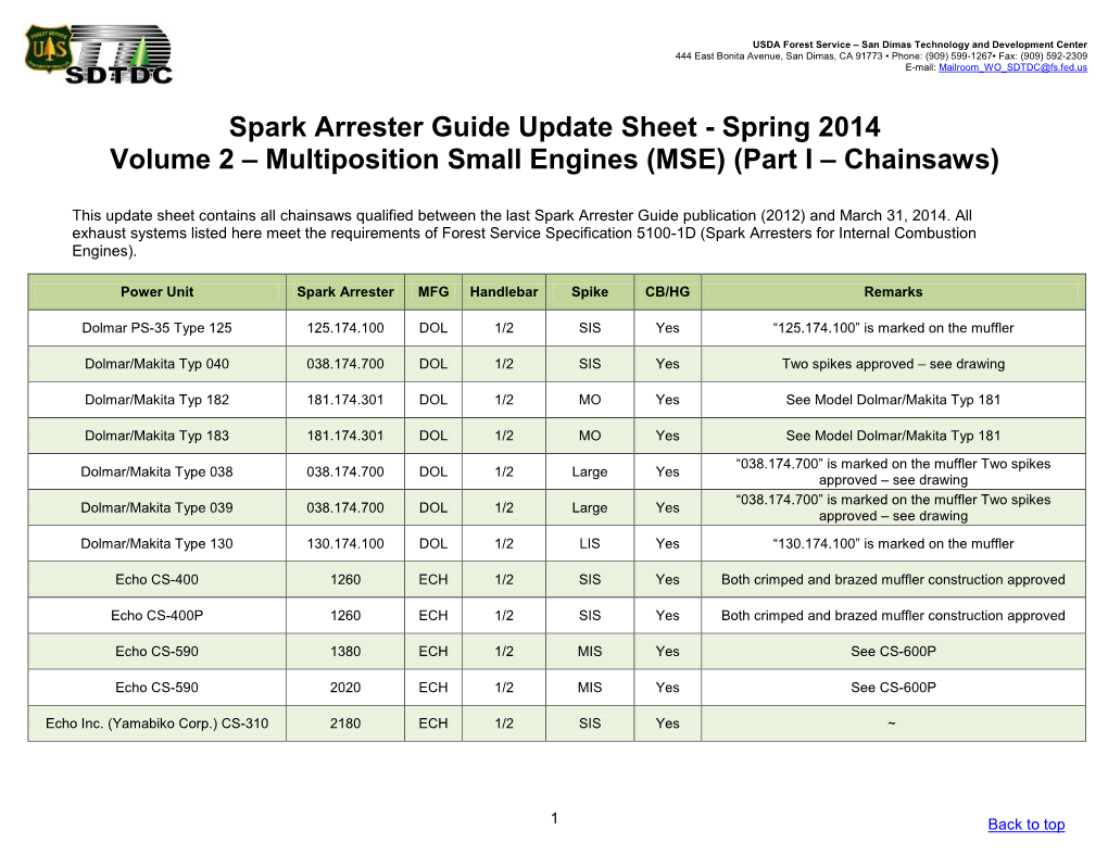 Spark Arrester Guide Update Sheet - Spring 2014 Volume 2 – Multiposition Small Engines (MSE) (Part I – Chainsaws)