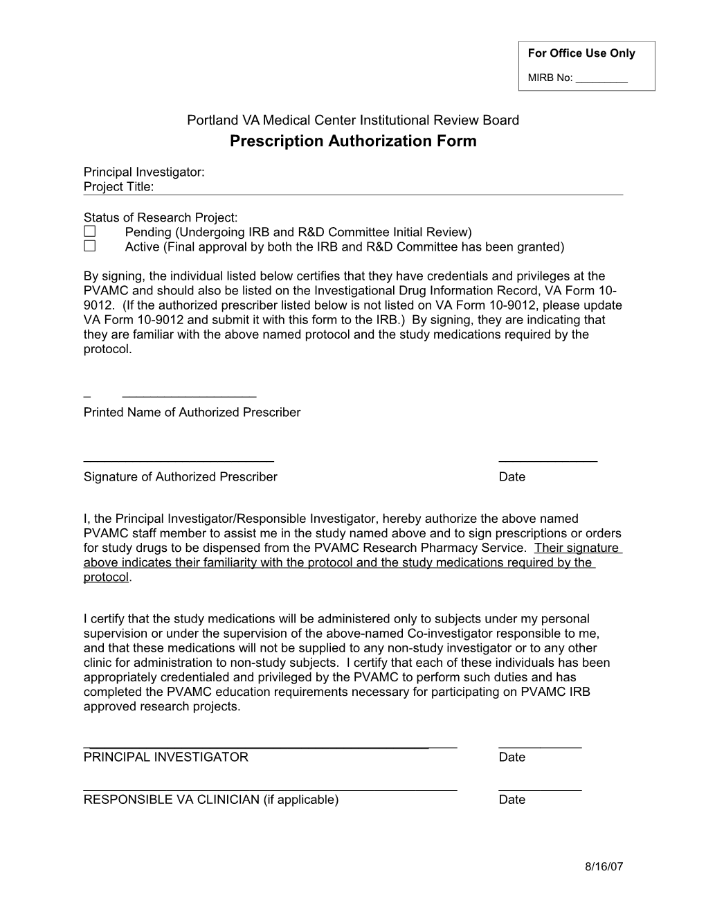 Prescription Authorization Form (Portland VA Medical Center)