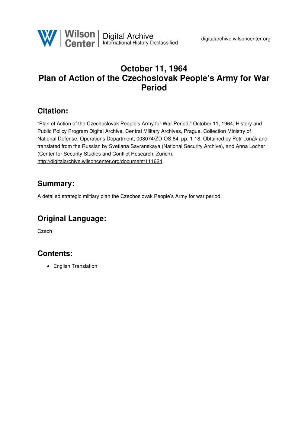 October 11, 1964 Plan of Action of the Czechoslovak People's Army For