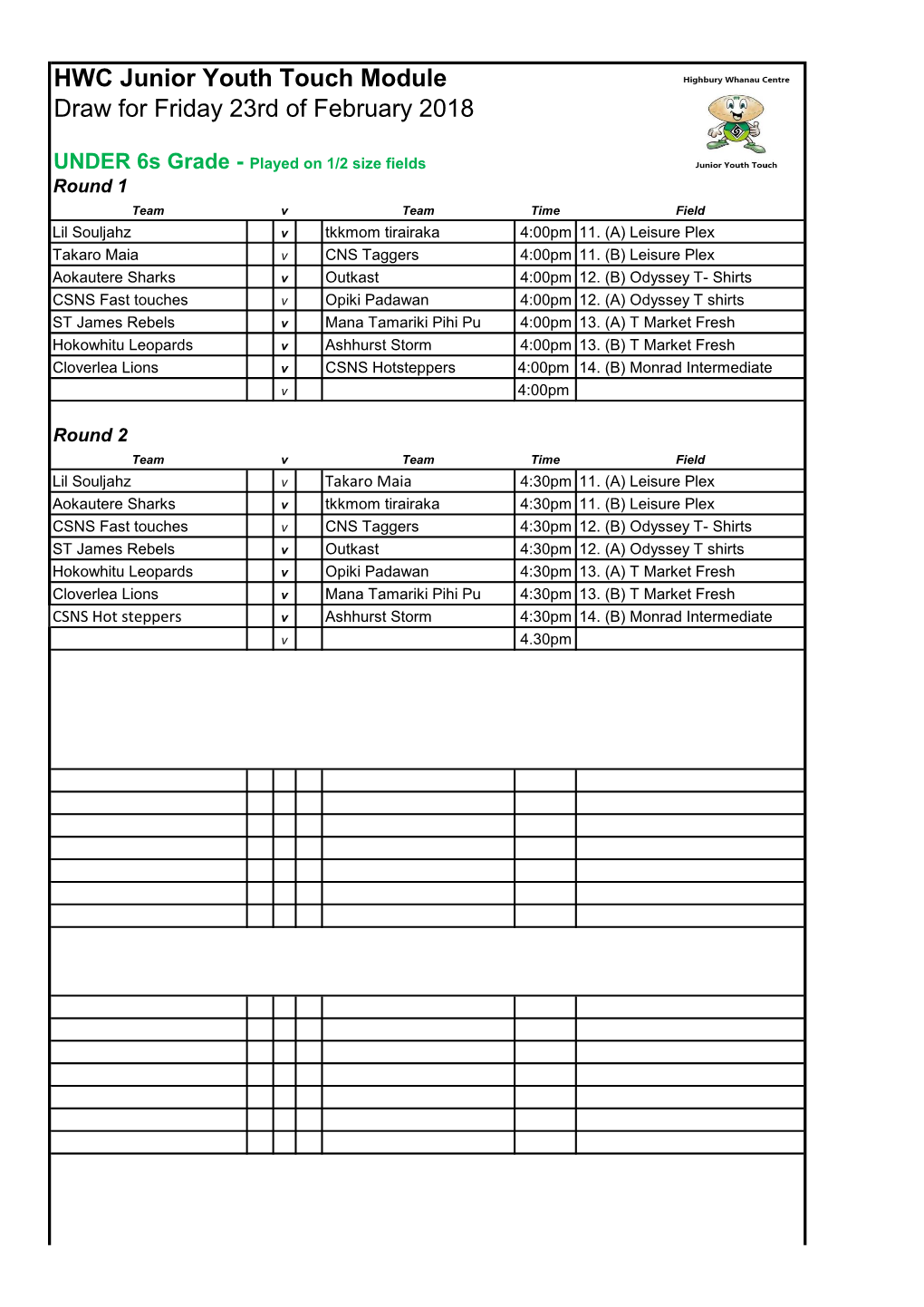 HWC Junior Youth Touch Module Draw for Friday 23Rd of February 2018