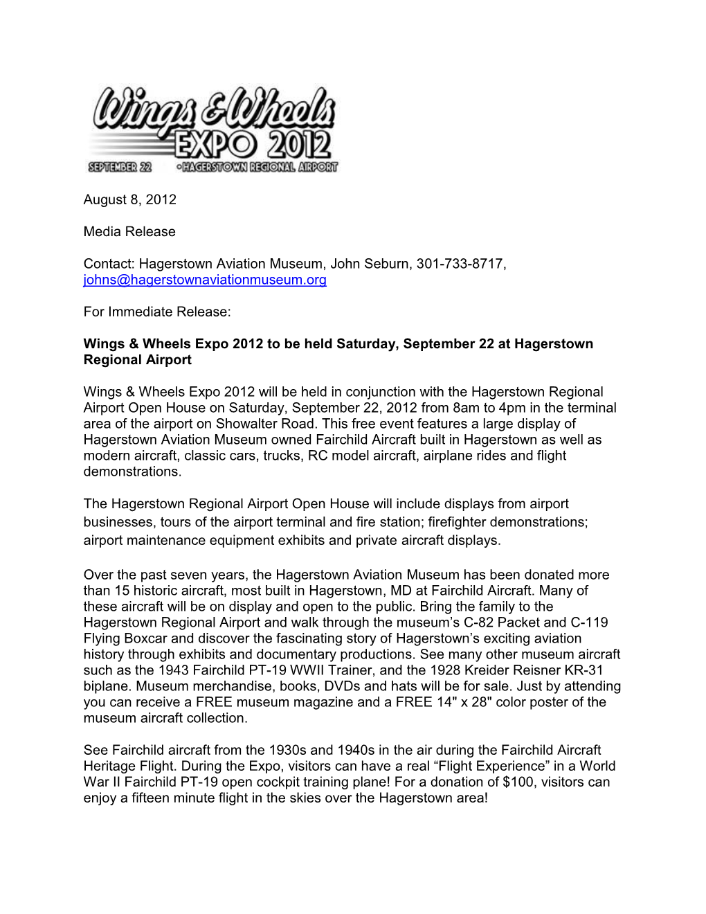 August 8, 2012 Media Release Contact: Hagerstown Aviation