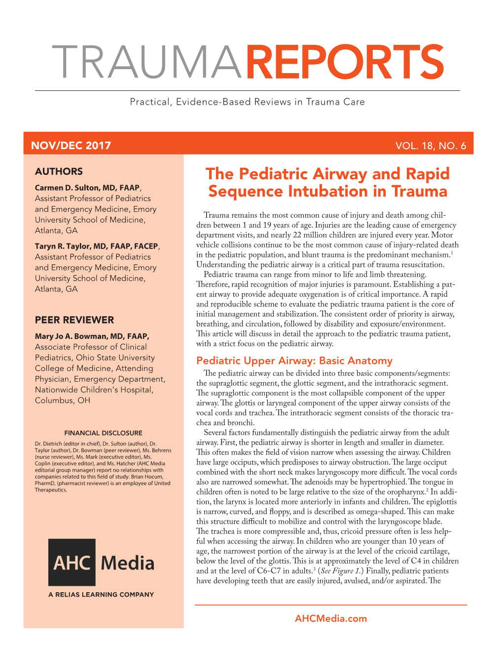 The Pediatric Airway and Rapid Sequence Intubation in Trauma