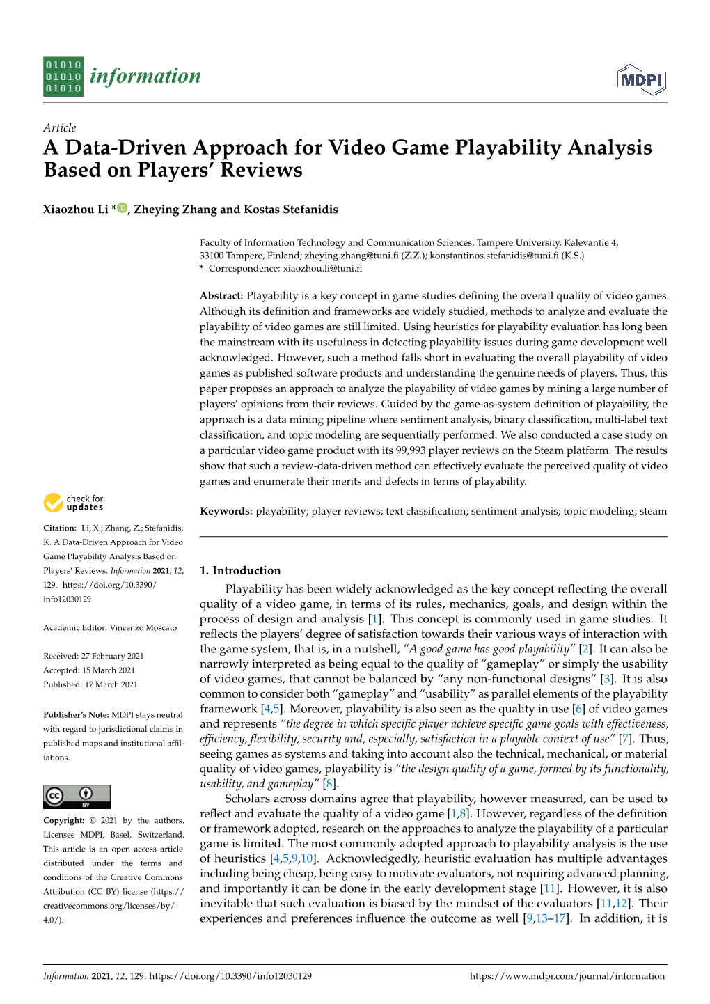 A Data-Driven Approach for Video Game Playability Analysis Based on Players’ Reviews