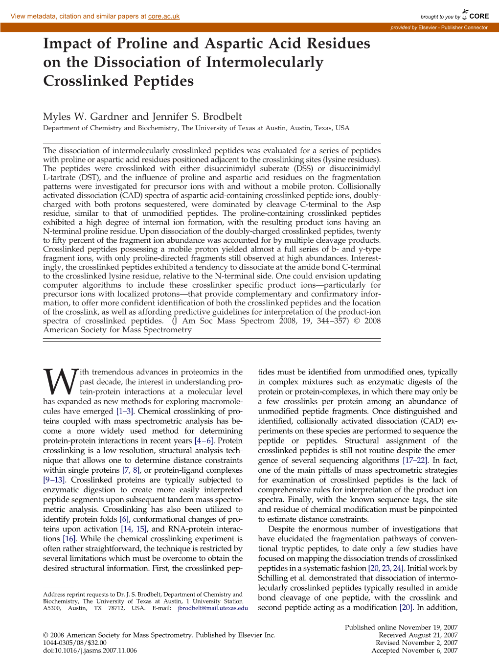 Impact of Proline and Aspartic Acid Residues on the Dissociation of Intermolecularly Crosslinked Peptides