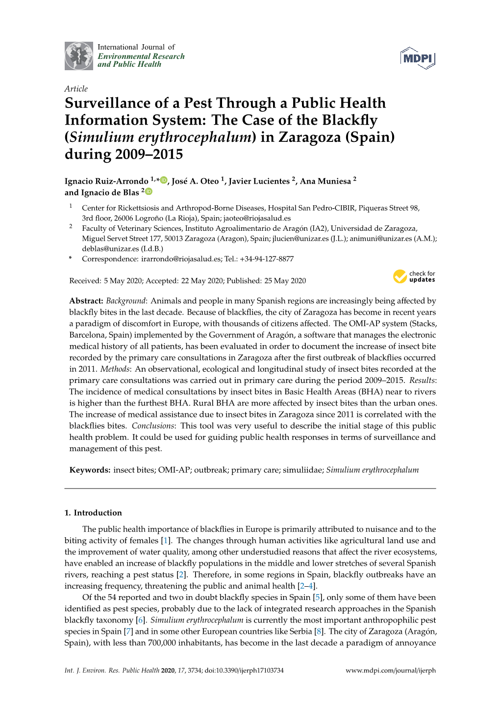 Surveillance of a Pest Through a Public Health Information System: the Case of the Blackﬂy (Simulium Erythrocephalum) in Zaragoza (Spain) During 2009–2015