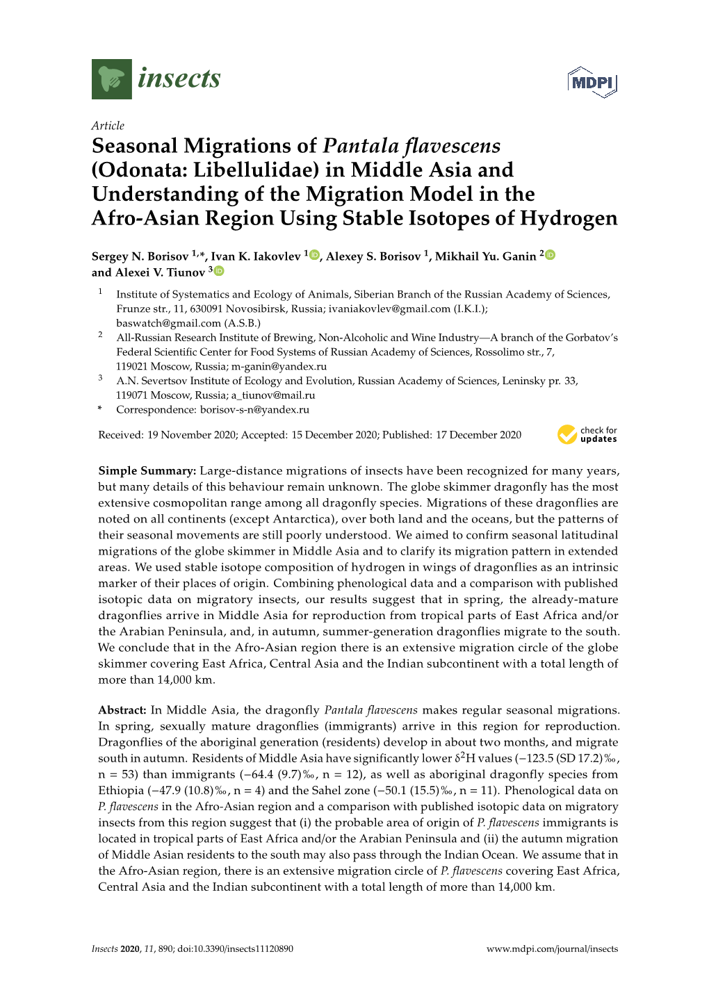 Seasonal Migrations of Pantala Flavescens (Odonata