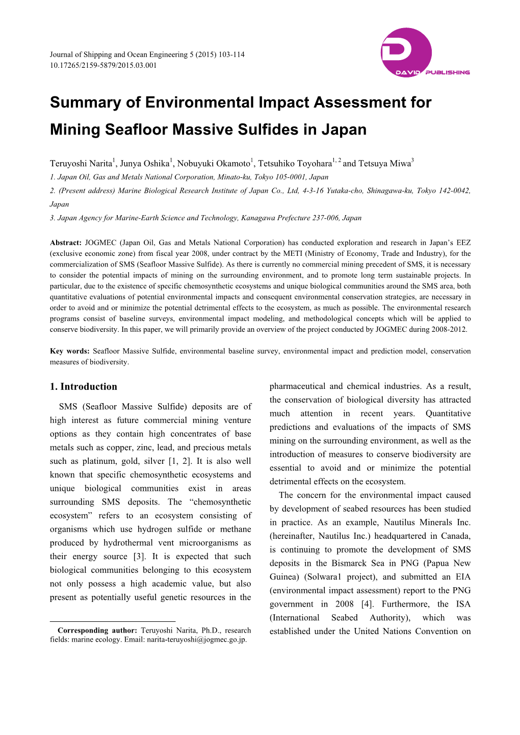Summary of Environmental Impact Assessment for Mining Seafloor Massive Sulfides in Japan