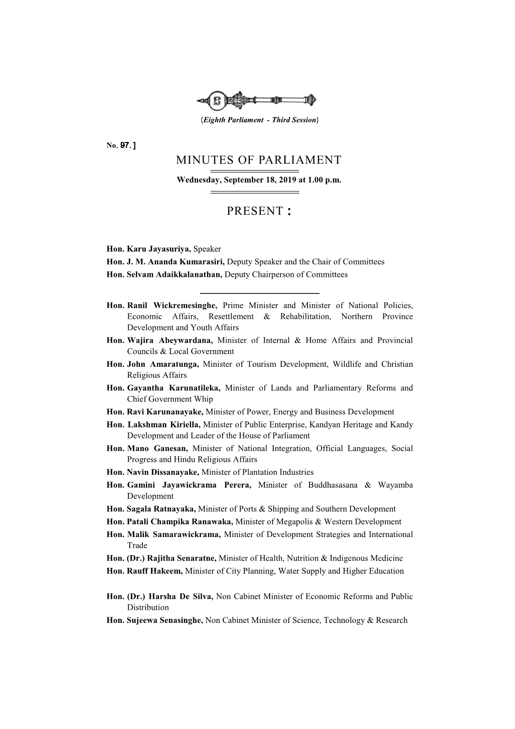 Minutes of Parliament for 18.09.2019