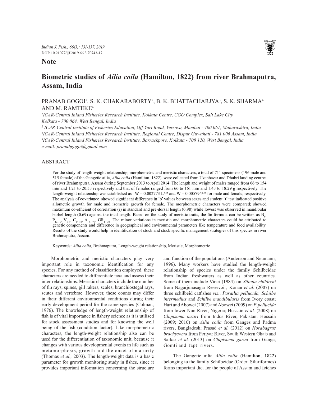 Biometric Studies of Ailia Coila (Hamilton, 1822) from River Brahmaputra, Assam, India