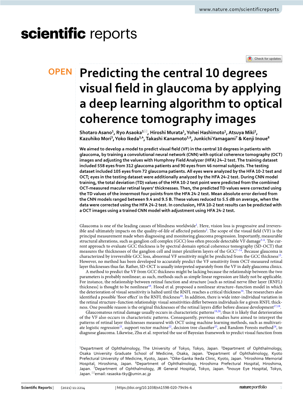 Predicting the Central 10 Degrees Visual Field in Glaucoma By